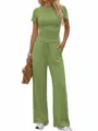 Detailed view of the casual green two-piece lounge set with ruched top and drawstring pants. - XS / Top And Bottom / Matcha Green
