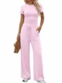 Pink solid color casual two piece set featuring a short sleeve top and high waist wide leg pants. - XS / Top And Bottom / Light Pink