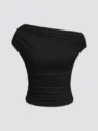 Black ribbed off-shoulder detail showing asymmetrical neckline and gathered ruching texture. - S / Tops / Black