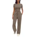 Dames casual tweedelig set met korte mouw gerimpelde top en wijde broek voor vrouwen - S / Top en Broek / Lichtkoffie