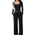 Black two piece lounge set featuring a square neck long sleeve crop top and wide leg pants. - S / Top And Bottom / Black