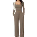 detailed view of womens solid khaki long sleeve crop top and wide leg trousers set - S / Top And Bottom / Light Coffee
