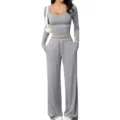 Detailed view showing the grey long sleeve crop top and matching wide leg lounge pants. - S / Top And Bottom / Light Gray