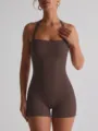 Brown ribbed halter neck romper for women, stylish square collar bodycon jumpsuit. - S / Dark Coffee
