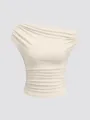 Solid color one shoulder ribbed top for women, stylish Y2K slim fit summer casual shirt. - S / Tops / Khaki