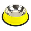 Yellow stainless steel pet bowl with non-slip rubber base, durable dog and cat feeding food dish. - Yellow Painted Dog Bowl