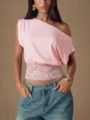 Top rose style européen épaules dénudées avec détails en dentelle taille, t-shirt chic. - XS / Rose Clair