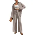 Lässiges zweiteiliges Set bestehend aus lockerem Langarmhemd und bequemer Hose für Damen. - S / Oben Und Unten / Kaffeegrau