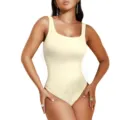 Donna body smanicato a costine, scollo rotondo basso basic vestibilità slim capo intero. - Taglia S / Bianco avorio