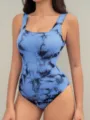 Variante body canotta senza maniche a coste tie dye blu, capo intero aderente sexy. - Taglia S / Tie-dye blu cielo e nero
