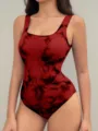 Bodysuit smanicato tie-dye rosso e nero da donna, top aderente senza cuciture casual elegante. - Taglia S / Tie-dye caffè e nero