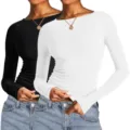 Damen langarm einfarbig slim fit pullover t shirt grundlegendes oberteil detailansicht zwei set - XS / Schwarz Weiß