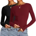 Damen einfarbig schmale langarm oberteil freizeit basic rundhals t-shirt kleidung zweier pack - XS / Schwarz Weinrot