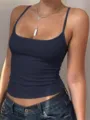 Women casual solid color slim fit camisole summer sexy U neck spaghetti strap tank top - Navy Blue