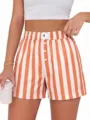 Women high waist striped boxer shorts casual loose summer shorts with front buttons - Orange Wide Stripes