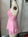 Pink lace camisole and shorts sleepwear set detail, comfortable loungewear apparel showcase. - S / Top And Bottom / Pink