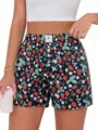 Summer casual high-waisted loose strawberry print women shorts apparel detail view - Black Strawberry
