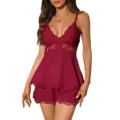 Women's Sexy Lace Camisole and Shorts Sleepwear Set Comfortable Loungewear Two-Piece - S / Top And Bottom / Burgundy