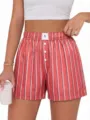 Women casual striped boxer shorts summer high waist loose elastic lounge wear pants - Red Stripes