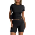 Women black short sleeve top and biker shorts matching athletic casual two-piece set. - S / Top And Bottom / Black