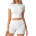 White short sleeve crop top and high waist shorts set, comfortable casual wear variant. - S / Top And Bottom / Light Gray
