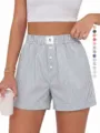 Women striped lounge shorts high waist elastic band casual summer boxer shorts daily wear - Gray Fine Stripe