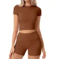 Women solid brown short sleeve crop top and high waist shorts activewear lounge set stretch. - S / Top And Bottom / Orange
