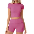 Pink two piece workout set, short sleeve crop top and high waist shorts for fitness. - S / Top And Bottom / Rose Red