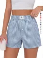 Women summer striped casual shorts high waist loose boxer shorts breathable daily wear - Blue Thin Stripe