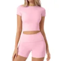 Rosa Kurzarm-Crop-Top und Shorts Set für Damen, lässige Sommer Rippen Modal Sportbekleidung. - Rosa