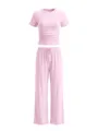 Pink ruched crop top and wide-leg lounge pants detail view showcasing soft ribbed fabric. - XS / Top And Bottom / Pink