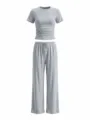 Grey short sleeve crop top and wide leg pants set detail view, soft fabric lounge wear. - XS / Top And Bottom / Light Heather Grey