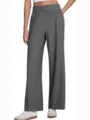 Close-up detail of women's high waist wide leg lounge pants in dark grey solid color casual style. - S / Gray