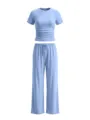 Detail shot of light blue casual top with ruched waist and matching wide leg drawstring pants. - XS / Top And Bottom / Light Blue