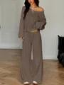 Casual off-shoulder long sleeve top and wide leg pants two piece set for women fashion. - XS / Top And Bottom / Light Coffee