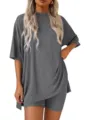 Casual oversized short sleeve top and matching shorts two piece lounge set for women daily wear. - S / Top And Bottom / Gray