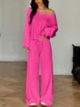 Detailed shot of the fuchsia off-shoulder long sleeve top and wide leg pants set. - XS / Top And Bottom / Rose Red