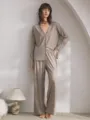 Damen Langarm Homewear Set casual V-Ausschnitt Strickjacke und Hose taupe Outfit - S / Set / Hellkaffee