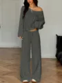Details of the dark grey off-the-shoulder long sleeve top and wide leg pants loungewear set. - XS / Top And Bottom / Dark Gray
