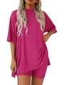 Women casual ribbed short sleeve top and shorts two piece set, comfortable solid lounge outfit. - S / Top And Bottom / Rose Red