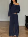 Casual off-shoulder long sleeve top wide leg pants set for women solid color loungewear - XS / Top And Bottom / Dark Blue