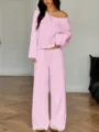 Pink off-shoulder long sleeve top and wide-leg pants loungewear set, casual and comfortable. - XS / Top And Bottom / Light Pink