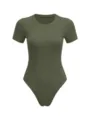 Détail de bodysuit côtelé à manches courtes et col rond, vert armée basique et élégant. - S / Hauts / Vert Militaire