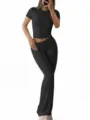 Casual solid color slim fit short sleeve crop top and flare pants two-piece set for women. - XS / Top And Bottom / Black