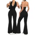 Black Backless Halter Flare Jumpsuit Sexy Bodycon Cutout Bodysuit Summer Workout Outfit - M / Top And Bottom / Black