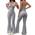 Grey halter neck backless slim fit flared jumpsuit for women, sexy ribbed yoga activewear. - S / Top And Bottom / Light Gray