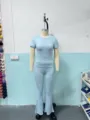 Women casual two piece set short sleeve top flare pants light blue Y2K outfit detail view - S / Top And Bottom / Light Blue (Front View)