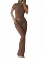 Women solid color slim short sleeve top and flare pants two piece set casual outfit detail. - XS / Top And Bottom / Coffee Brown