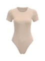 Vue en gros plan détaillée de la texture côtelée et de l'encolure de ce body uni. - S / Hauts / Kaki