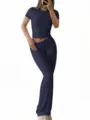 Casual solid color slim fit short sleeve top and long pants two piece set detail. - XS / Top And Bottom / Dark Blue